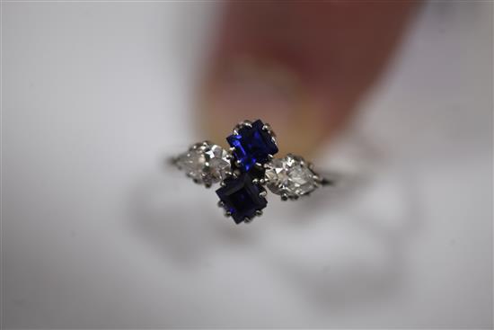 A 1940s white gold, diamond and sapphire ring, size L.